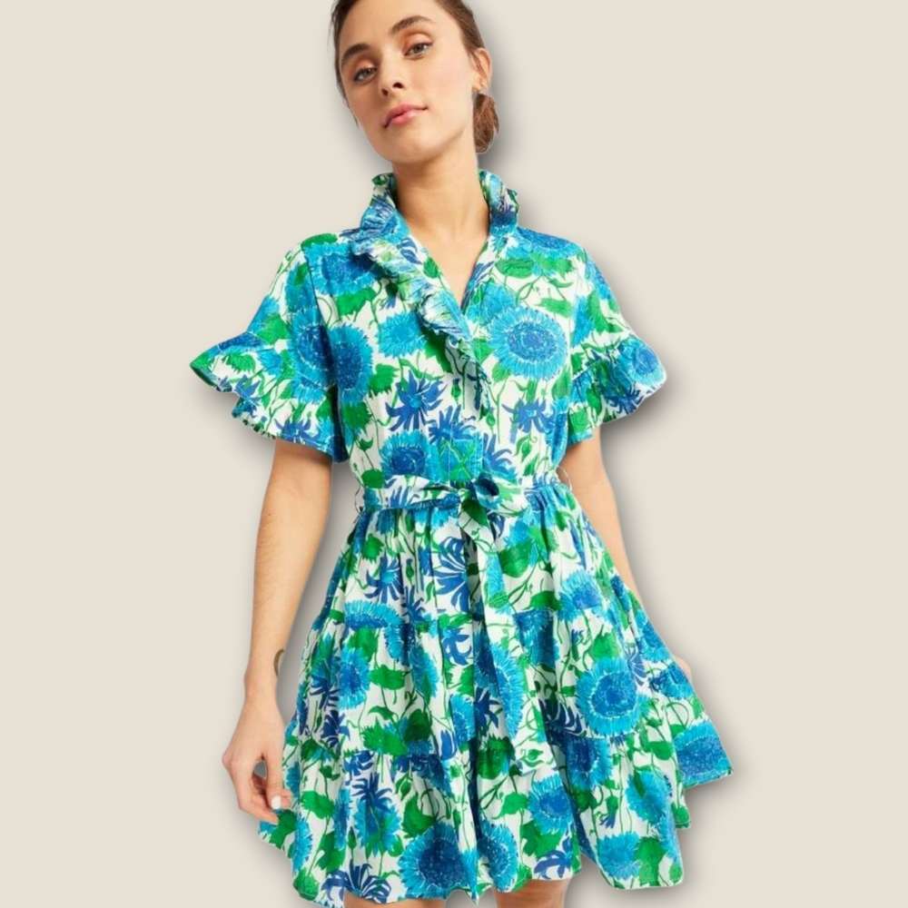 MILLE Resort & Travel VIOLETTA Mini Dress In Cornflower Tiered Belted Ruffles XS